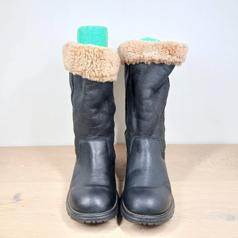 UGG Tall Winter Boots Womens 8 Black Leather Shearling Fur Lined Cozy Snow